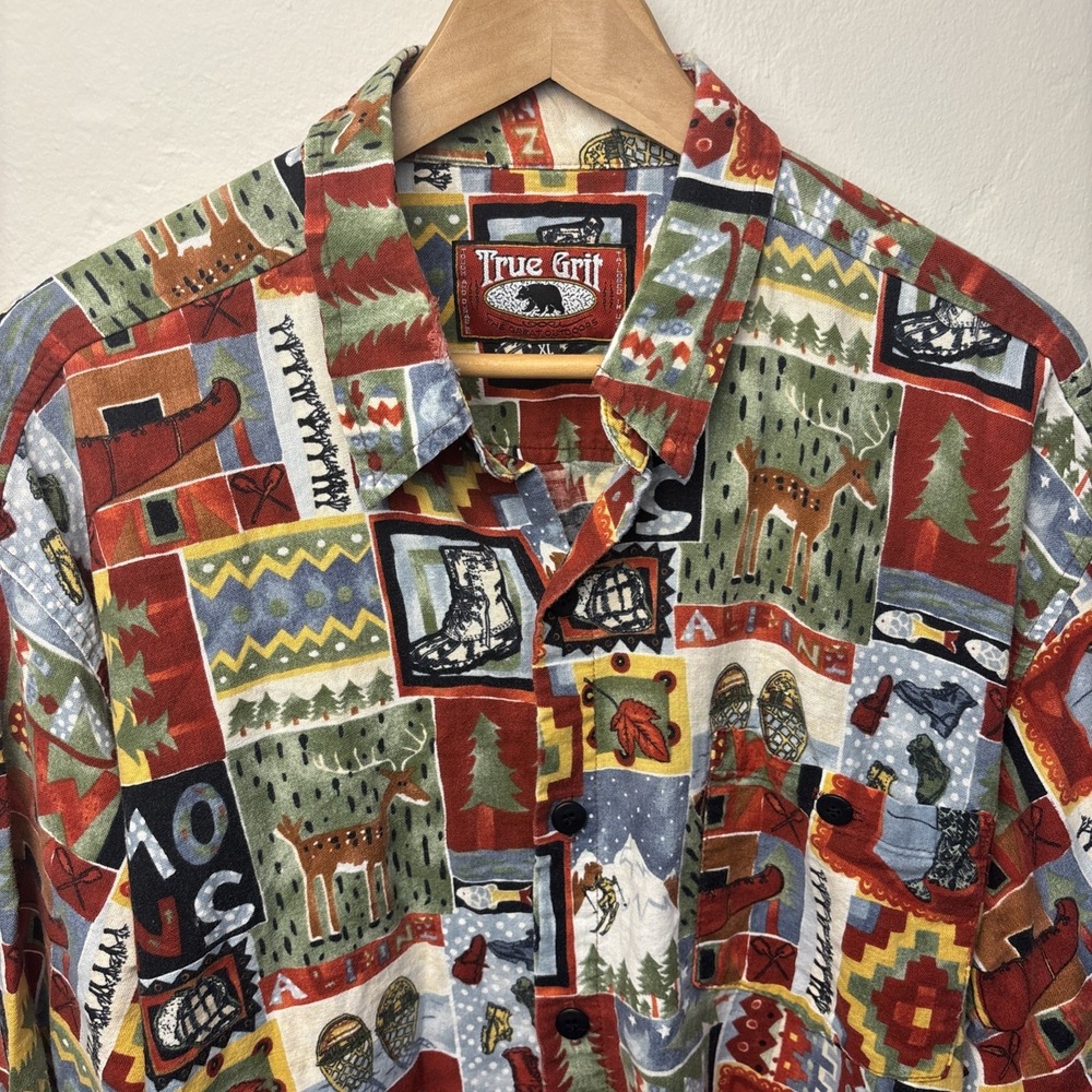 True Grit Vintage 90s Button Down Shirt XL Fall Winter All Over Pattern Soft